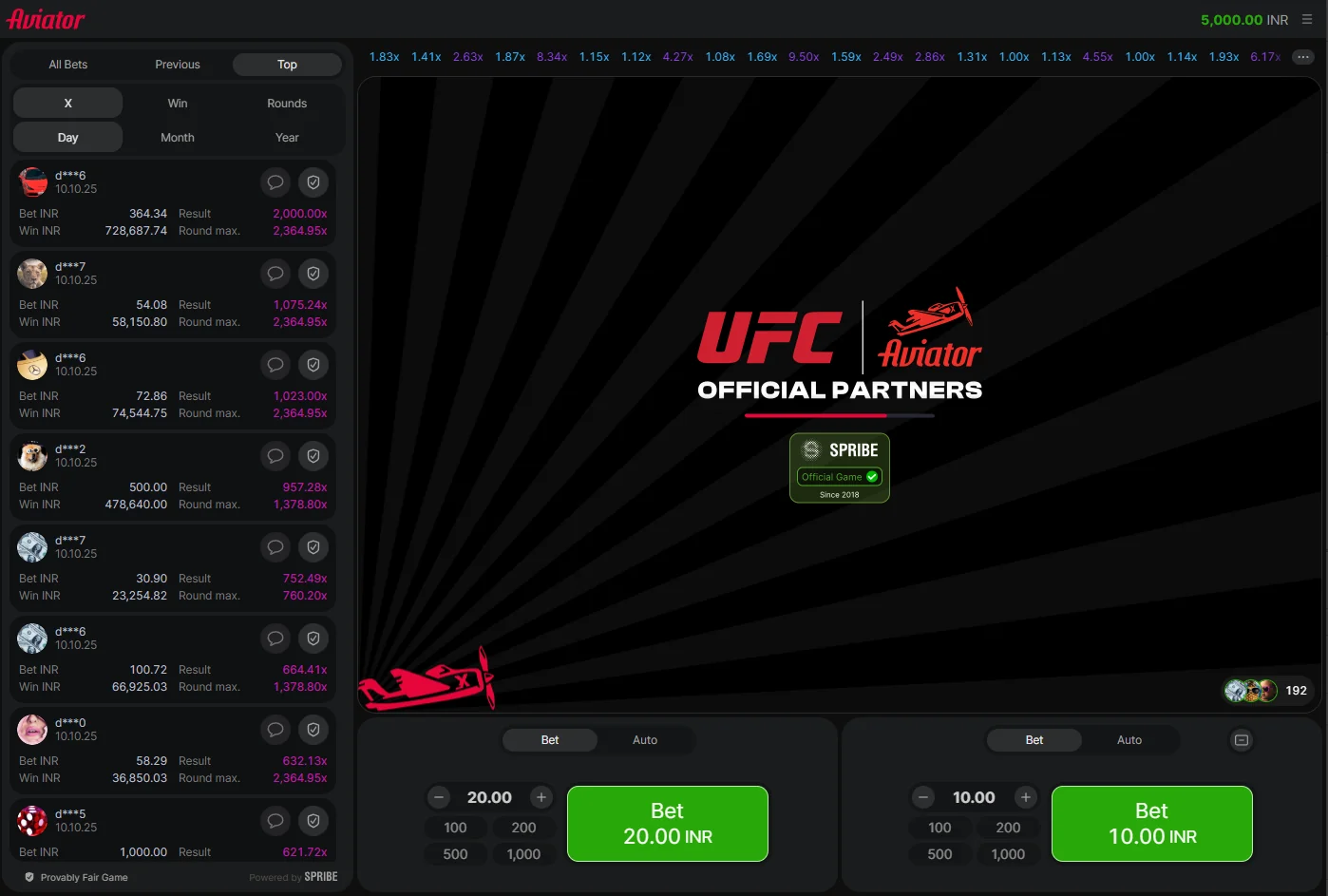 Screenshot of waiting for a round in the crash game Aviator