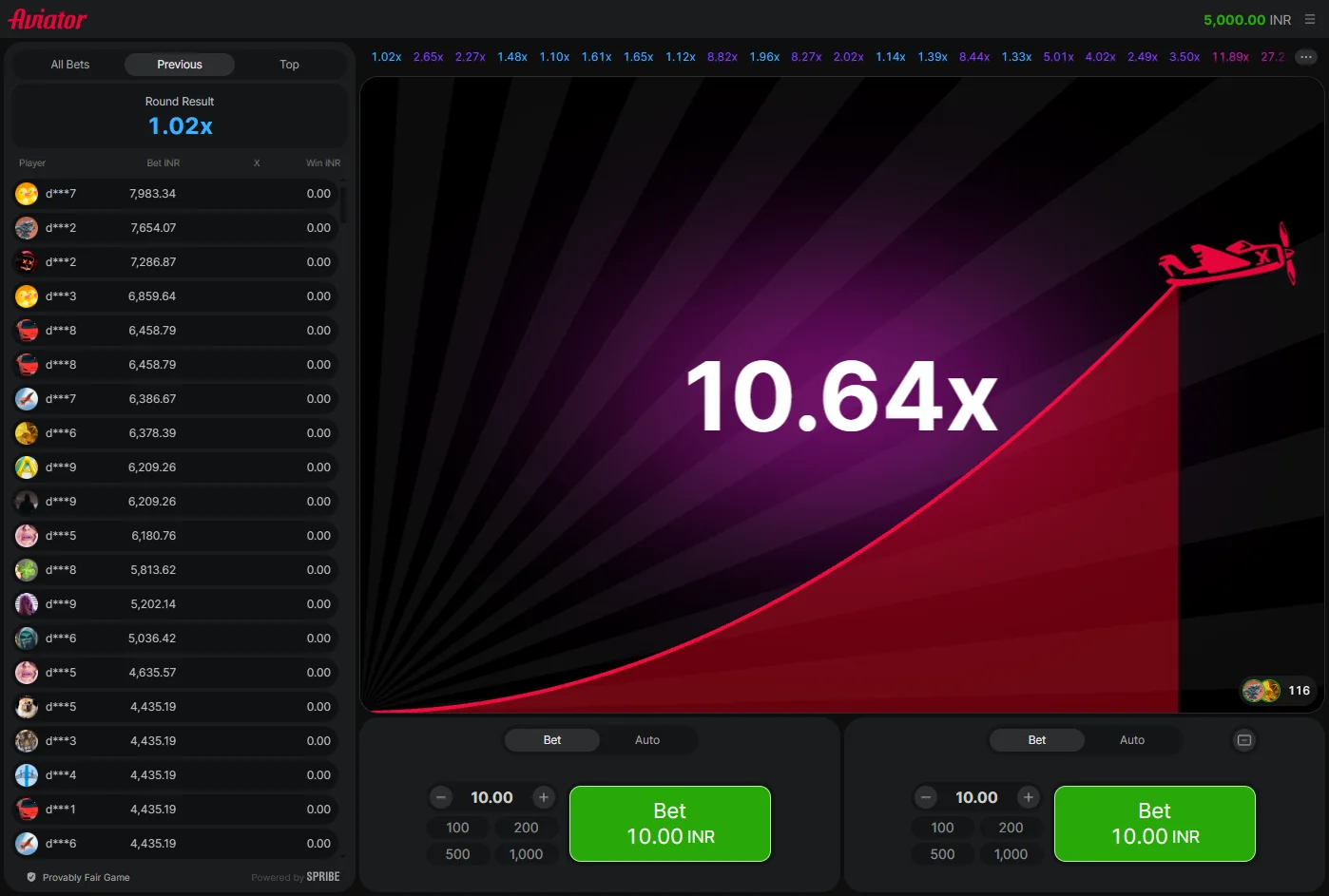 Screenshot of a round in online Aviator