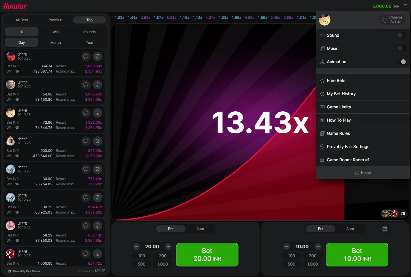 Screenshot of the player menu in the crash game Aviator