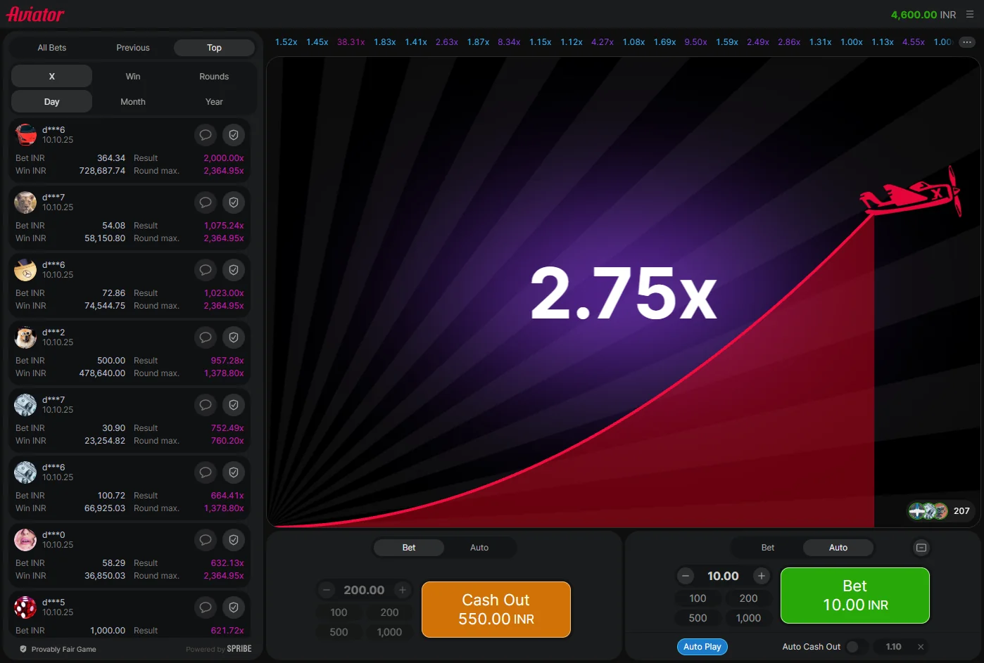 Screenshot of real money betting in Aviator